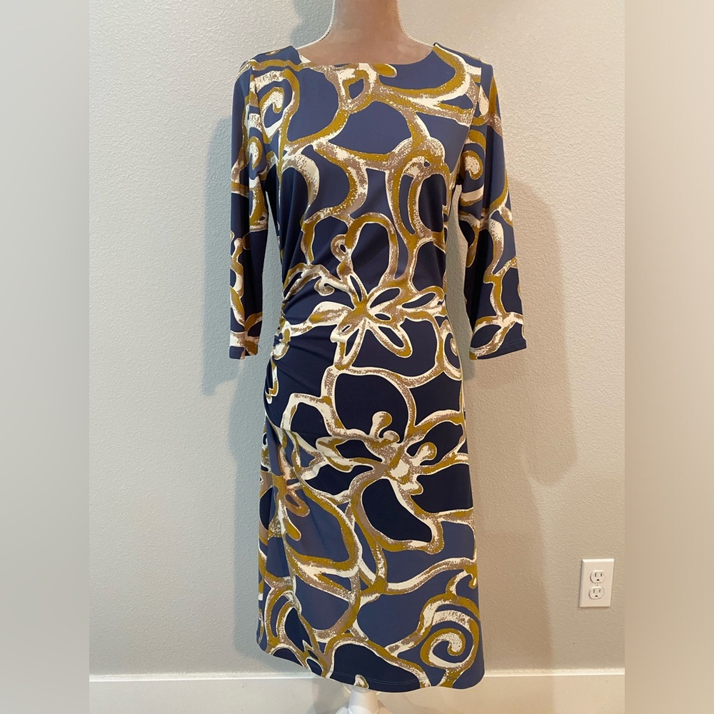J. McLaughlin Blue and Gold Sheath Dress with Crew Neck